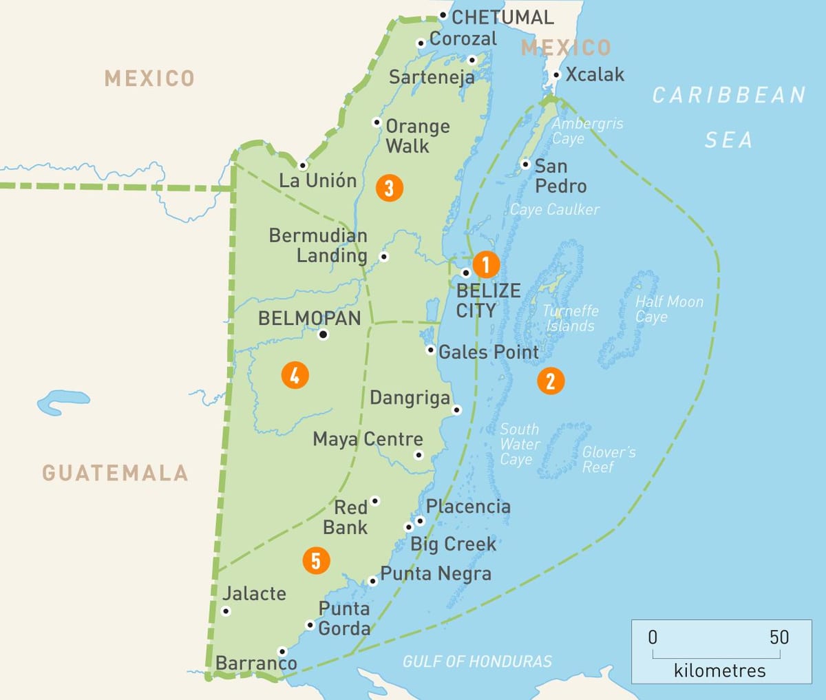 Mapa de Belize y los países vecinos
