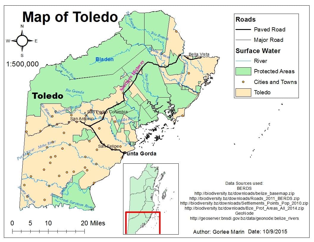 mapa de distrito de toledo en Belice